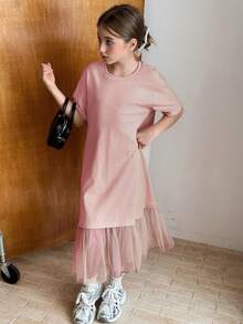 Hapijoa Đầm dệt kim cổ tròn phối lưới tương phản cho bé gái tuổi teen, mùa hè - Màu be - Xem 2