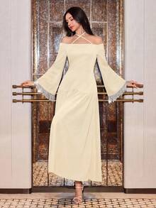 Modelyn 女士蓝色针织长袖露肩流苏腰A字型长连衣裙，优雅春夏之选 - 杏色 - 查看 7