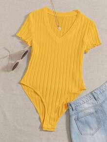 SHEIN EZwear Combinaison courte à col V côtelé jaune grande taille - Jaune citron - Voir 1