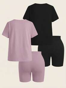 SHEIN EZwear 2件組大尺碼純色套裝－2件短袖上衣＋2件及膝短褲，黑色與酒紅色，夏季居家休閒休閒正裝 - 淺灰紫 - 查看 1