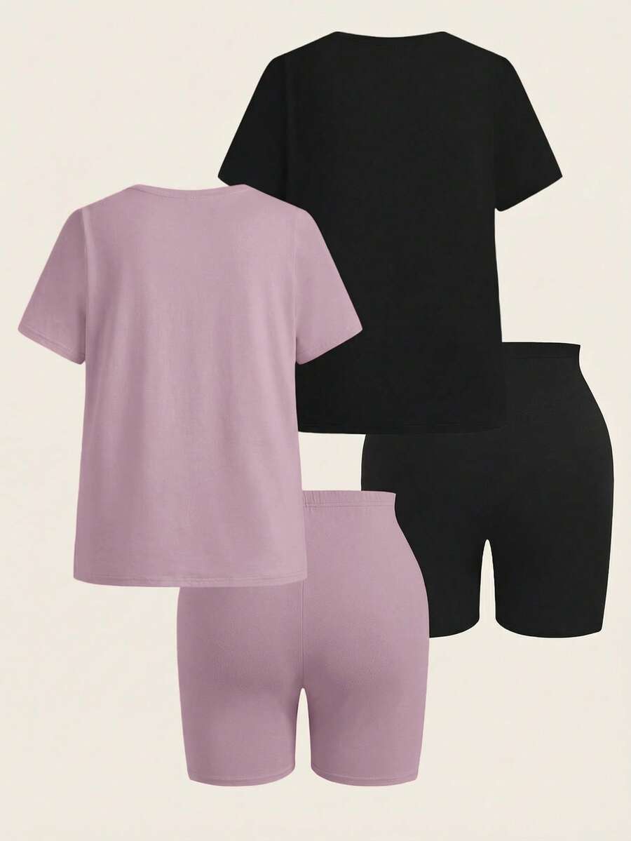 SHEIN EZwear 2件組大尺碼純色套裝-2件短袖上衣+2件及膝短褲,黑色與酒紅色,夏季居家休閒休閒正裝 - 淺灰紫 - 查看 1