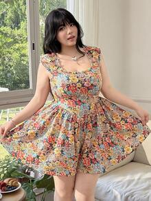 Comfortcana Colorful Floral Print Ruffle Hem Plus Size Jumpsuit, Casual Resort Wear For Spring/Summer Tea Party  Jumpsuit, Cottagecore Jumpsuit - Multicolor - View 7