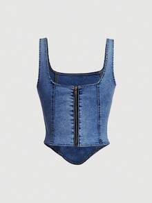 SHEIN MOD 女士U领无袖牛仔背心，时尚夏季款 - 中等水洗藍 - 查看 2