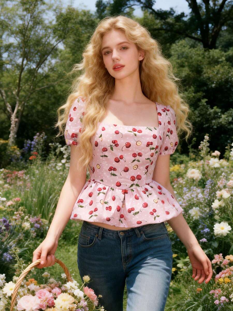 SHEIN Elegant Casual Fruit Print Long Sleeve Lightweight Top - Pink - View 1