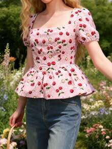 SHEIN Elegant Casual Fruit Print Long Sleeve Lightweight Top - Pink - View 4