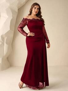 Coutiva Plus Size Women's Elegant Burgundy Winter Formal Evening Prom Gown,Off-Shoulder Lace Patchwork Sheer Long Sleeve Fitted Fishtail Hem Wedding Dress - Burgundy - View 5