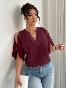 Elenzga 大码女士优雅提花拼接宽松衬衫，春夏款 - 酒紅色 - 查看 4