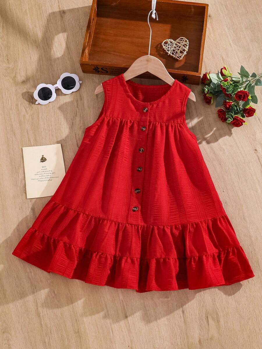 Genkimix Kids Young Girl Solid Color Round Neck Sleeveless Ruffle Front Button Summer Dress 7th Birthday - Red - View 1