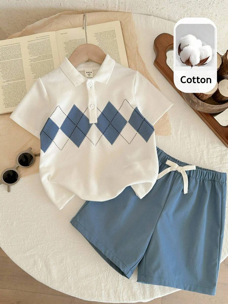 SHEIN LMoss Kids Set de 2 piezas de camiseta y pantalones cortos casuales con patrón geométrico tejido para niño - Multicolor - Ver 1