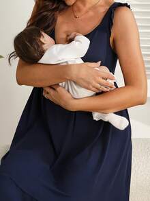 GentleRue Maternity 舒适纯色无袖短款哺乳连衣裙，适合孕期穿着，哺乳友好型连衣裙，妈妈连衣裙，产后连衣裙，荷叶边袖连衣裙，纽扣连衣裙，产后女士连衣裙，纽扣连衣裙，荷叶边吊带连衣裙，女士无袖连衣裙，女士连体连衣裙 - 藏蓝色 - 查看 3