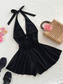 Elamini Bộ jumpsuit gợi cảm đính đá lấp lánh, dây mảnh, cổ chữ V xẻ sâu, thắt dây, thích hợp mặc đi club mùa hè, váy và áo liền quần cho nữ. - màu đen - Xem 2