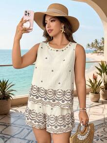 Breezaya Plus Size Brown Boho Summer Vacation Holiday Two-Tone Round Neck Sleeveless Shirt Elastic Waist 3/4 Shorts Set Party Gym - Apricot - View 1