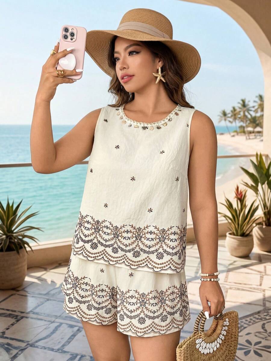 Breezaya Plus Size Brown Boho Summer Vacation Holiday Two-Tone Round Neck Sleeveless Shirt Elastic Waist 3/4 Shorts Set Party Gym - Apricot - View 1