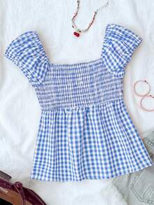 SHEIN 少女休闲简约舒适格子露背吊带衬衫 - 藍色 - 查看 2