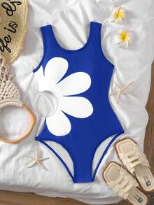 Traje de baño de una pieza con contraste de flores en blanco y negro para niñas preadolescentes, traje de baño casual y lindo para la playa y vacaciones - Azul y blanco - Ver 5