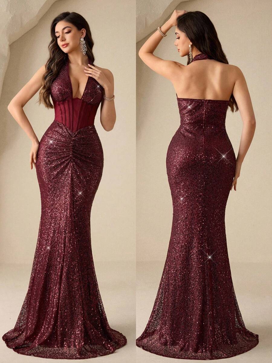 Coutiva Elegant Sequined Deep V-Neck Halter-Neck Dress With A Pleated Hem Is Perfect For Formal Evening Events, Including Valentine's Day, Birthday Parties, Graduation Ceremonies, And Back-To-School Parties. - Burgundy - View 1