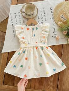 SHEIN LMoss Kids 女婴编织爱心图案荷叶边下摆休闲连衣裙 - 彩色 - 查看 2