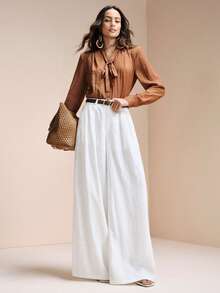 Arave Women's Loose Fit V-Neck Pleated Flowy Tie Design Casual Commuter Blouse - Coffee Brown - View 2