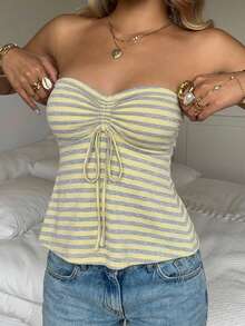 SHEIN EZwear Casual Minimalist Sweet Summer Dopamine Cream Striped Print Tube Top, Suitable For Summer, Vacation, Back To School, College, Party, Beach And Casual Wear - Multicolor - View 5