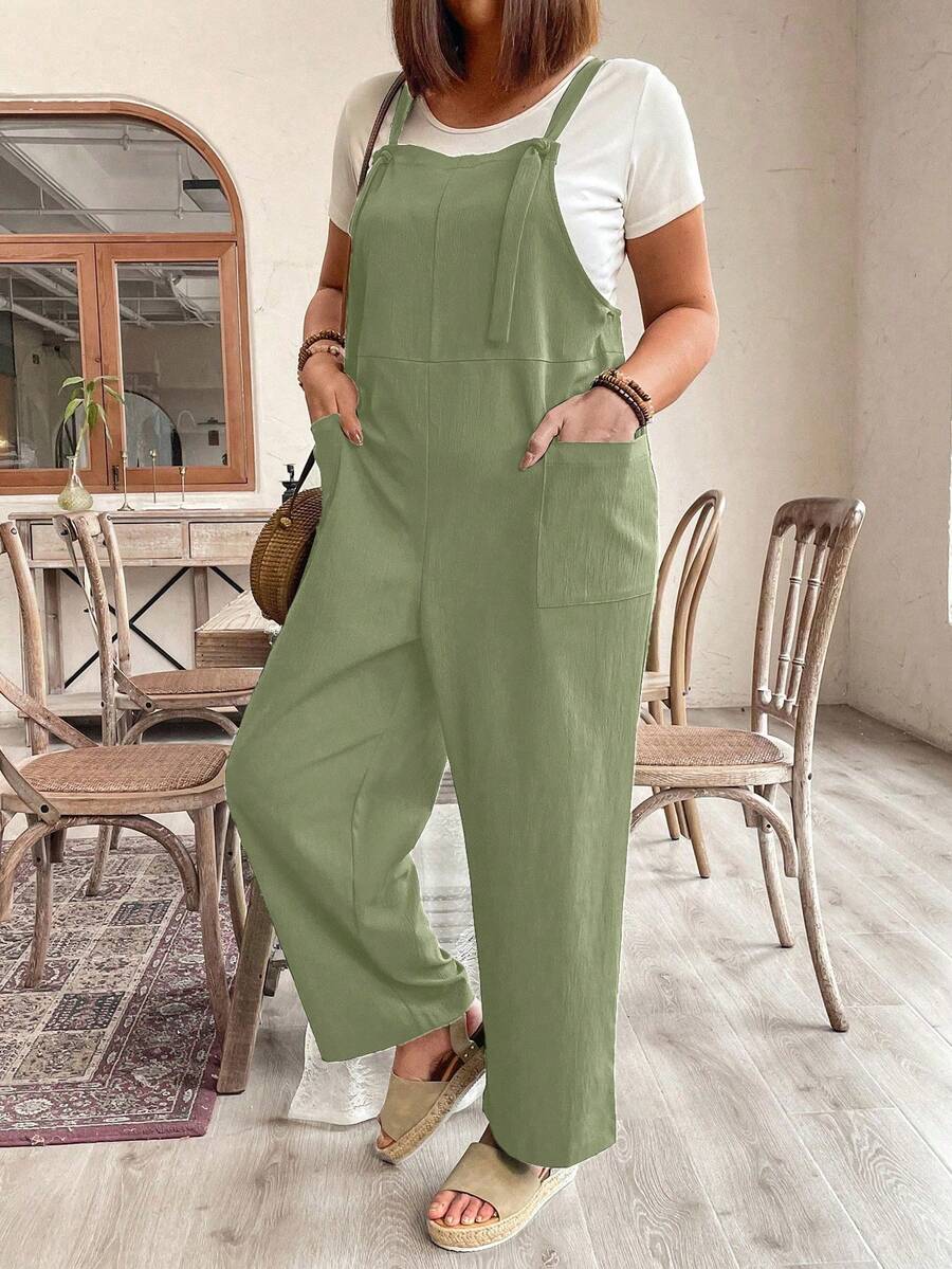 Plus Size Women Casual Everyday Commute Solid Color Patchwork Pocket Jumpsuit - Green - View 1