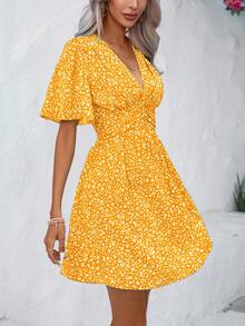 Wandoria Women's Summer Beach Vacation Floral Print V-Neck Flutter Sleeve Ruched Waist Short Dress - Yellow - View 4