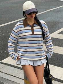 Muchica 休闲简约运动街头百搭派对机场穿搭，学院风蓝棕条纹印花图案，音乐节穿搭，女士夏季穿搭，女士高领T恤 - 彩色 - 查看 5