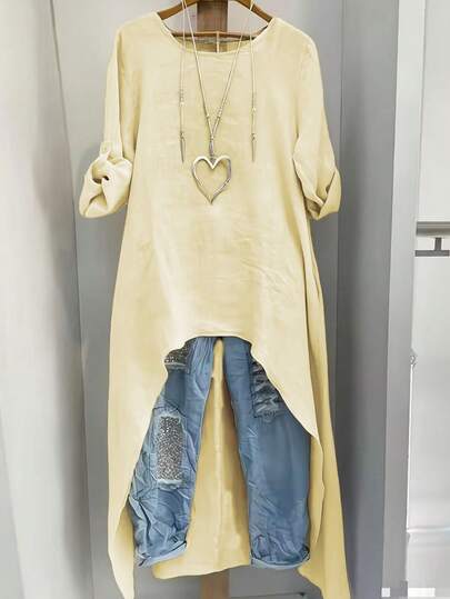 EMERY ROSE Camisa de mujer talla grande de primavera/verano, moda casual minimalista de resort, unicolor, cuello redondo, manga larga ajustable, camisa larga, ropa de playa de mujer talla grande