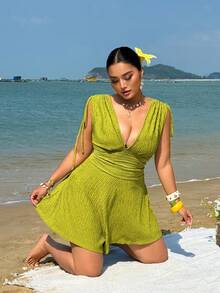 Sunnyshic Bộ jumpsuit gợi cảm cổ chữ V sâu, eo thắt dành cho nữ cỡ lớn, thích hợp cho mùa hè. - màu xanh lá - Xem 6