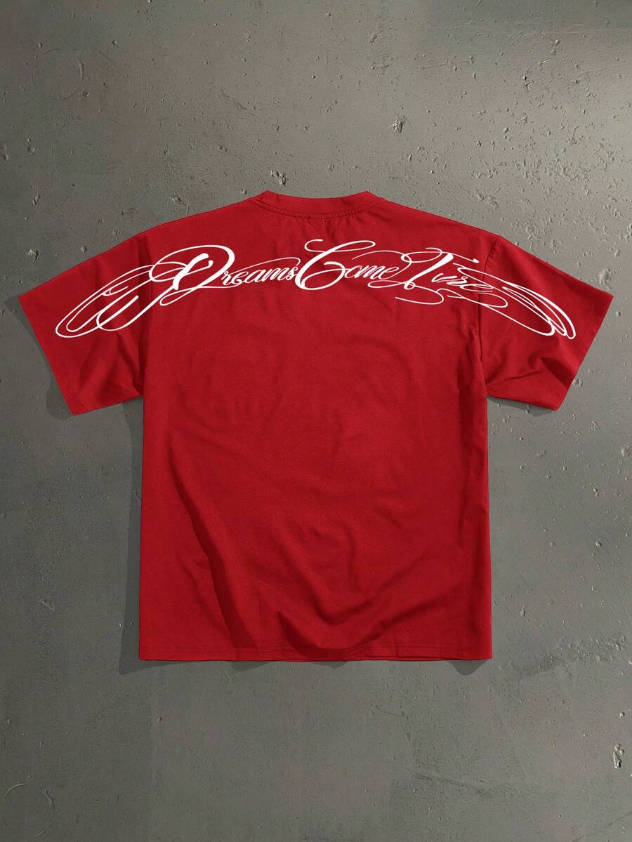 Manfinity Roghcode Camiseta de manga corta casual de cuello redondo con estampado de letras, corte holgado para hombre, para verano - Rojo - Ver 1