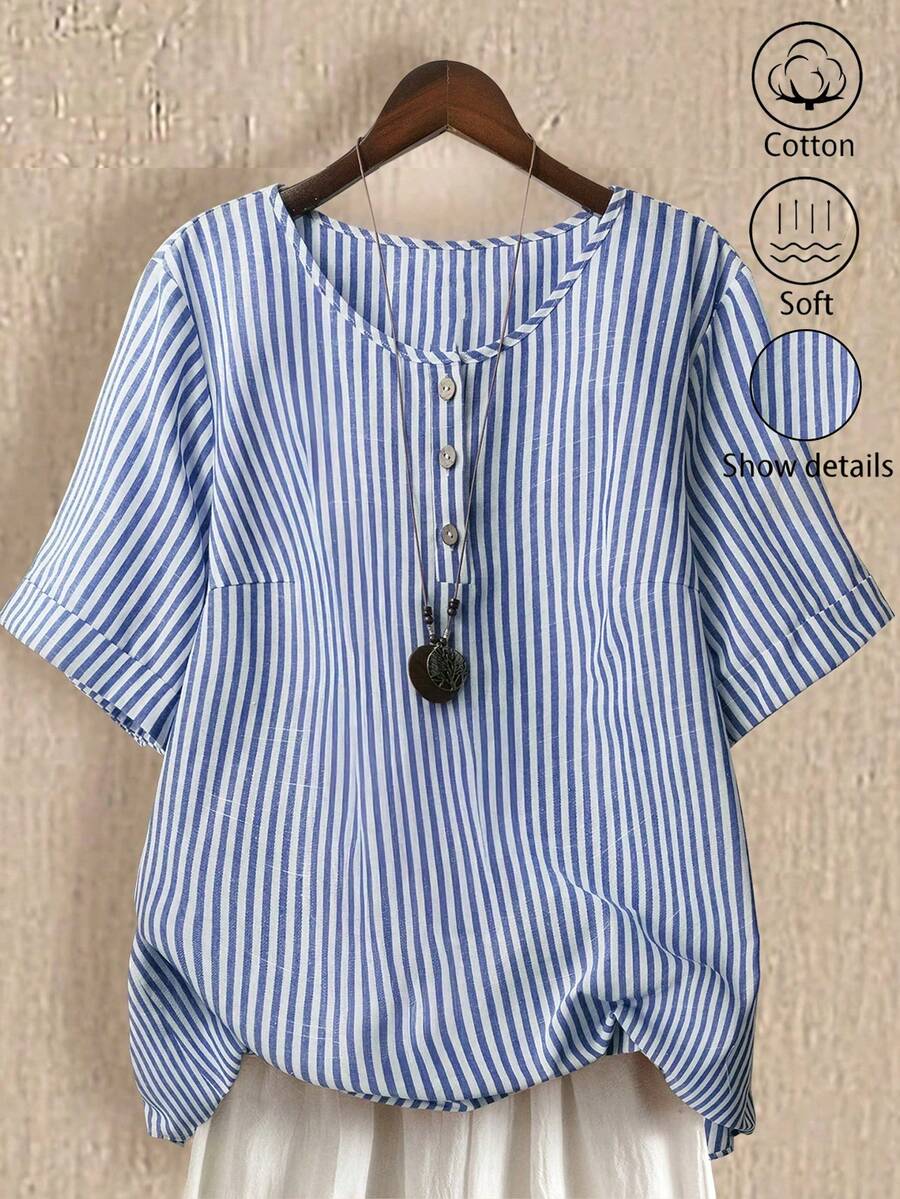 SHEIN LUNE Áo sơ mi đi nghỉ thường ngày cổ tròn tay 3/4 sọc vải lanh cỡ lớn cho nữ - Xanh và trắng - Xem 1