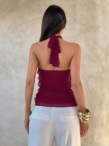 Aloruh Women's Elegant Multi-Layer Ruffle Trim Stand Collar Fitted Tank Top - Red Violet - View 2