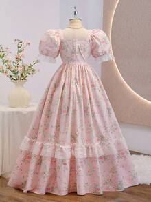 Đầm ngắn tay cổ vuông phối ren in hoa cho bé gái tuổi teen - Hồng - Xem 2