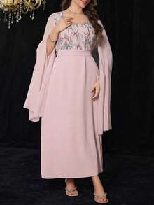 Modelyn Luxurious Embroidered Beaded Long Sleeve Plus Size Dress - Pink - View 6