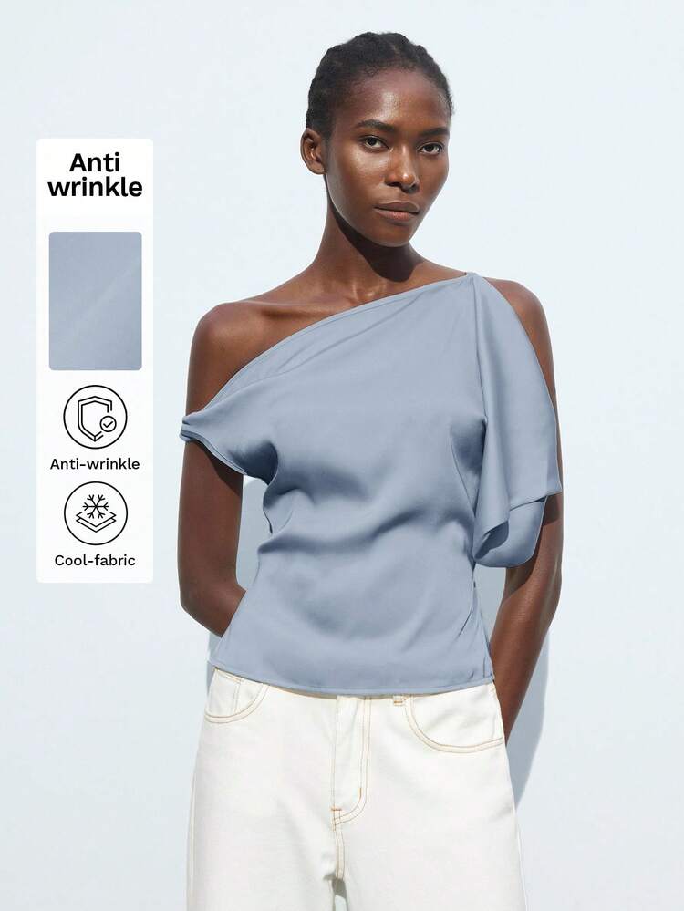 SHEIN Maija Women's Asymmetric Design Summer Versatile Chic Elegant Urban Fashionable Comfortable Fitted Asymmetric Shoulder Design Backside Lace-Up Decor Business Casual Outfit, Suitable For Concerts, Social Events, Office, Cruise All-Season Versatile Modern Urban Fashion Business Casual Women's Wear Office Attire Understated Old-Money Style, Elegant And Sophisticated, High-Quality Commuter And Airport Women's Wear,Summer Top