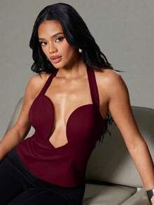 Hauture Sexy Casual Office Cut Out Sweetheart Neck Halter Tank Top - Burgundy - View 2