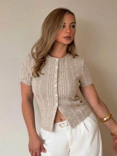 Jeta Ari 秋季修身不对称罗纹短袖女式 T 恤，带开衩下摆设计，短袖衬衫，圆领，紧身短袖衬衫，T 恤，秋季女式上衣，万圣节衬衫，外出服装