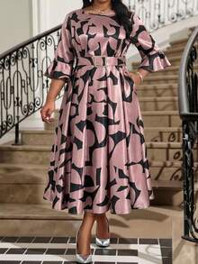 Plus Size Women's Elegant Elegent Floral Print Ruffle Sleeve Rhinestone Buckle Belted Dress, Suitable For Autumn Dates Party, Parties, Banquets Elegant Dress Fleurora And Elegant Dress Latest Dress Style For Women Business Casual Women Dress Robe Tendance 2026 Dusty Pink - Multicolor - View 4