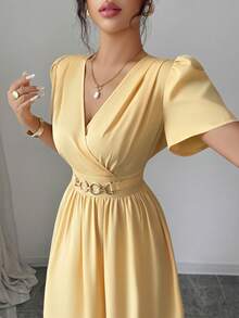 Flora Isola Flora Isola Vải dệt xếp nếp mới cho nữ với tay áo nhún bèo, trang trí nút ở eo, thiết kế dây rút ở eo, váy ôm vừa vặn thanh lịch và giản dị mặc hàng ngày - Màu vàng - Xem 3