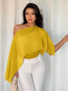 Rafferiza 不對稱領蝙蝠袖修身休閒通勤極簡風女式襯衫，春夏穿搭黃色上衣女款黃色上衣黃色上衣黃色透視上衣 - 黃色 - 查看 3