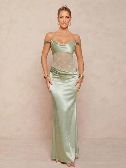 Lumalex Spring Summer  Satin Shiny Plunging Neckline Spaghetti Strap Ruffle Lace Patchwork Waist Pleated Dress For Women This Garment Effortlessly Transitions From Beach Strolls To Weekend Gatherings And Celebratory Dinners, Embodying The Charm Of Quiet Luxury And Striking Party Flair Whether At Birthday Bashes Or Fashionable Soirées