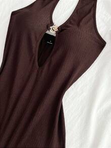 Flirla Women's Minimalist Bandage Textured Sexy Sheer Dark Brown Vacation Seashell Metal Decor Jumpsuit, Spring/Summer - Coffee Brown - View 3