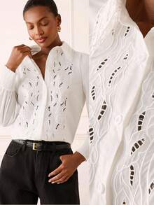 Lilora Stylish White Women Blouse With Unique Embroidered And Eyelet Design Long Sleeve Button Down Shirt For Office And Everyday Wear, Women's Shirts For Summer, Women Casual Outfits - White - View 3