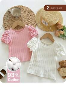 SHEIN 2pcs Cute Casual Solid Color Bubble Short Sleeve Knit Tops, "Babygirl" - Multicolor - View 10