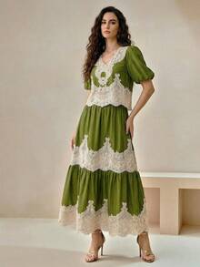 Anewsta Bộ đồ 2 món phong cách nghỉ dưỡng cổ điển màu xanh ô liu, cổ chữ V tay phồng và chân váy xòe phối ren. - Màu xanh Ô liu - Xem 7