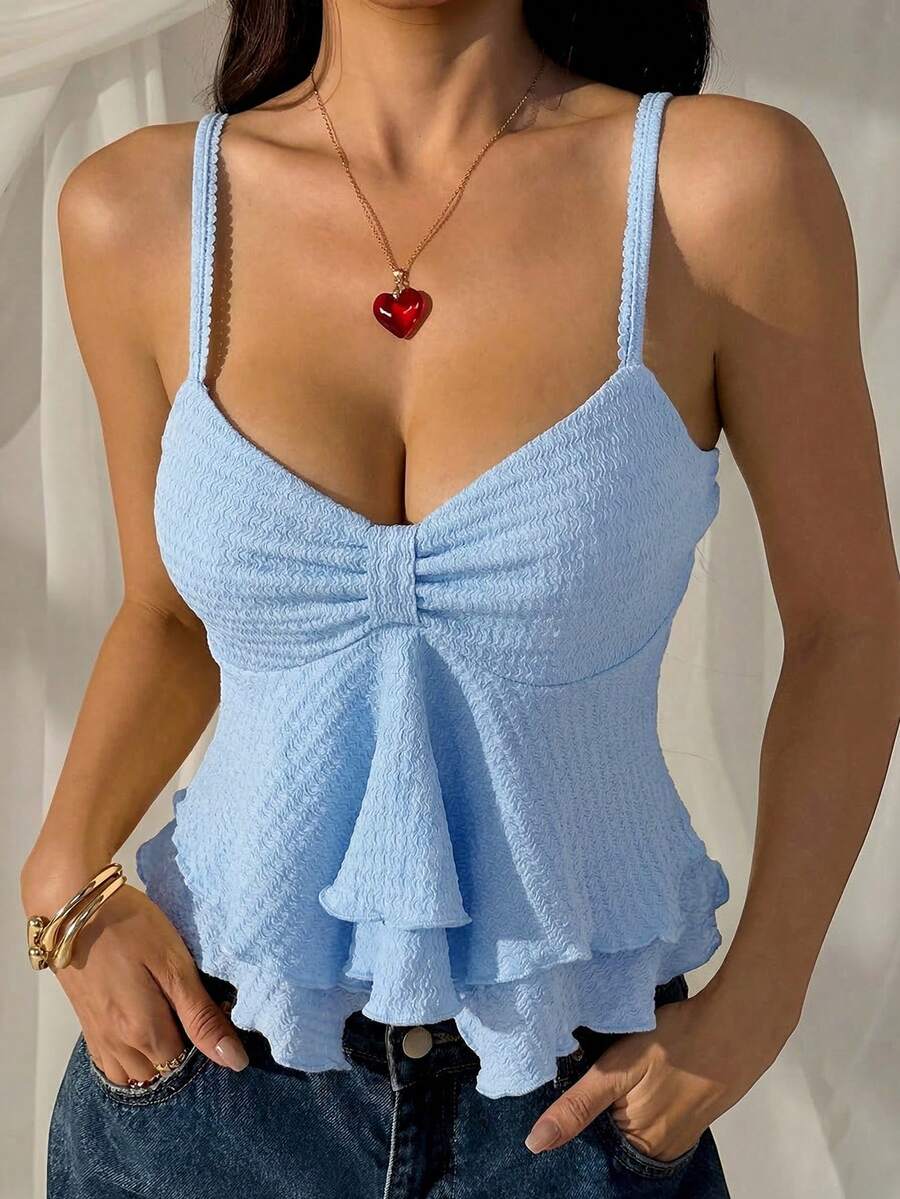 SHEIN EZwear 女士纯色褶皱休闲百搭日常吊带背心，夏季上衣，女士夏季穿搭，蓝色/浅蓝色女士度假穿搭上衣，女士夏季沙滩装上衣 - 藍色 - 查看 1