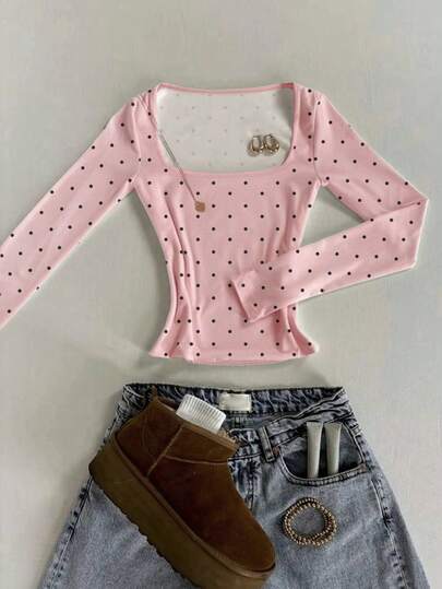 Glimmora 简约时尚甜美可爱黑粉波点印花方领修身长袖T恤，适合春、夏、秋、冬四季穿着，时尚百搭，是送给兄弟姐妹、姐妹、妈妈或母亲节的理想礼物。休闲简约时尚上衣