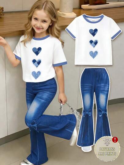 2件套少女时尚简约爱心牛仔印花短袖T恤和蝴蝶结喇叭裤套装，适合春夏外出穿着