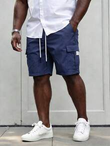 Manfinity Homme Plus Size Men's Drawstring Waist Cargo Shorts, Suitable For Commuting, Travel, Casual, Weekend Outings, Outdoor Activities, And Social Occasions - Navy Blue - View 1