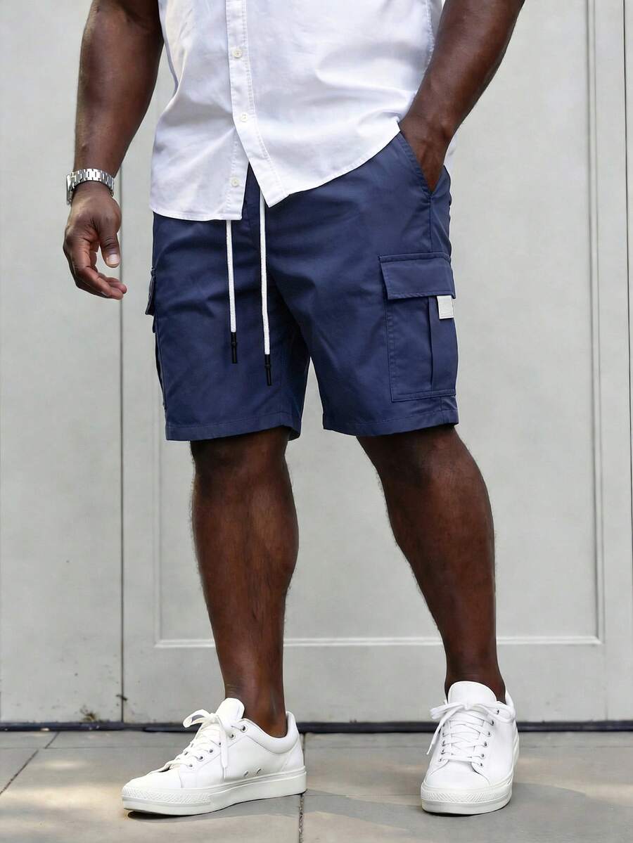 Manfinity Homme Plus Size Men's Drawstring Waist Cargo Shorts, Suitable For Commuting, Travel, Casual, Weekend Outings, Outdoor Activities, And Social Occasions - Navy Blue - View 1