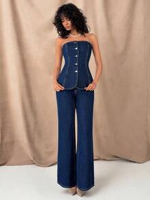 EURMUSE Women's Single-Breasted Denim Bustier Top And Denim Flare Pants Fashion Set - Medium Wash - View 5